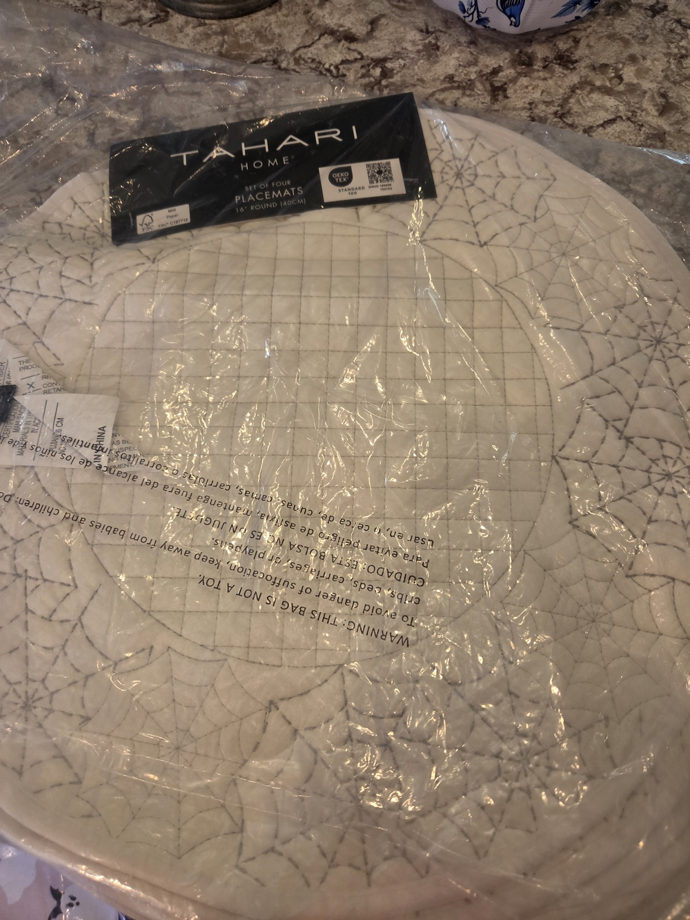 Tahari Cream Quilted Round Placemats with Subtle Gray Stitching - Set of 4